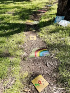 Colourful painted tiles used as ground paving